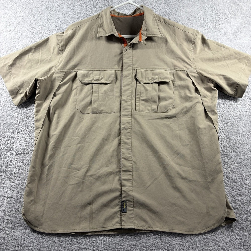 Cabela's Guide Wear Shirt Mens XL Brown Beige Button Up Short Sleeve Vented Wick